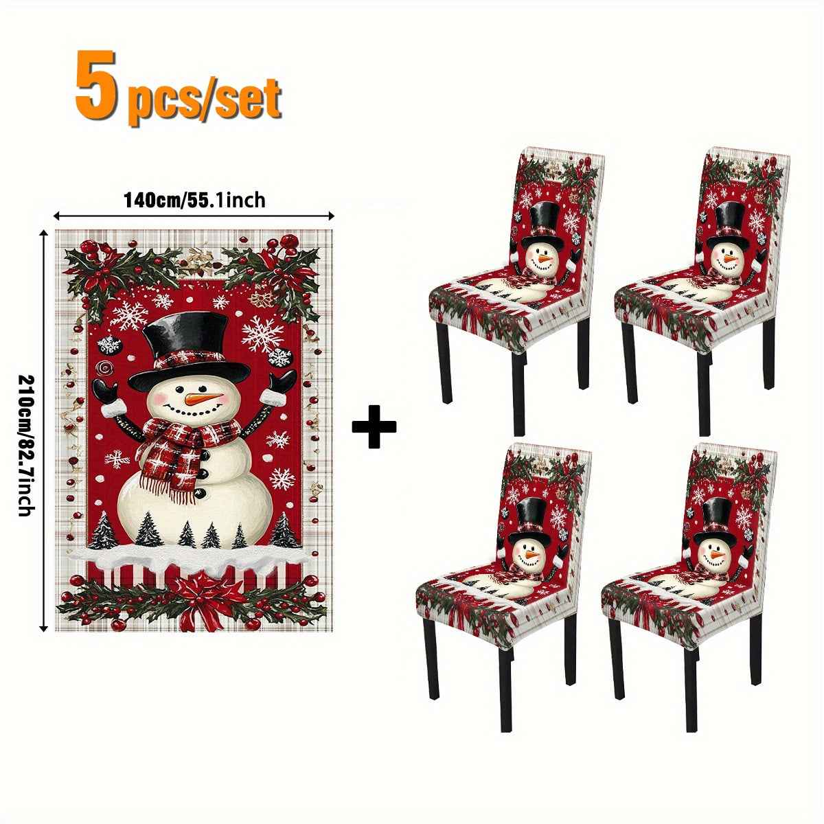 , 5/7pcs Christmas Snowman Snowflake Element Rectangular Tablecloth + Chair Cover Set, All-Polyester Peach Skin Fabric Tablecloth, Removable Chair Cover, Suitable for Family Restaurant, Living Room, Kitchen, Home, Hotel Daily