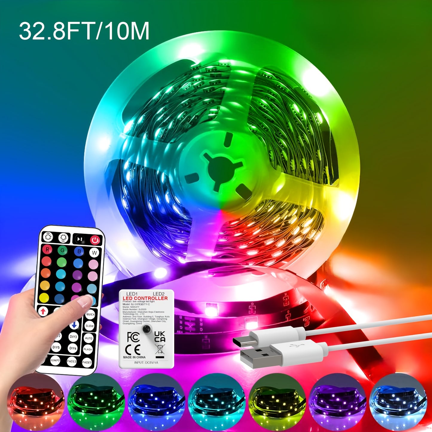 Bande LED RGB de 1 à 30 m pour chambre, avec télécommande 44 touches