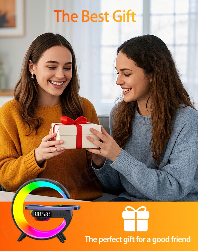 MINI Enceinte sans fil RGB multifonctionnelle, chargeur sans fil, support, radio-réveil FM