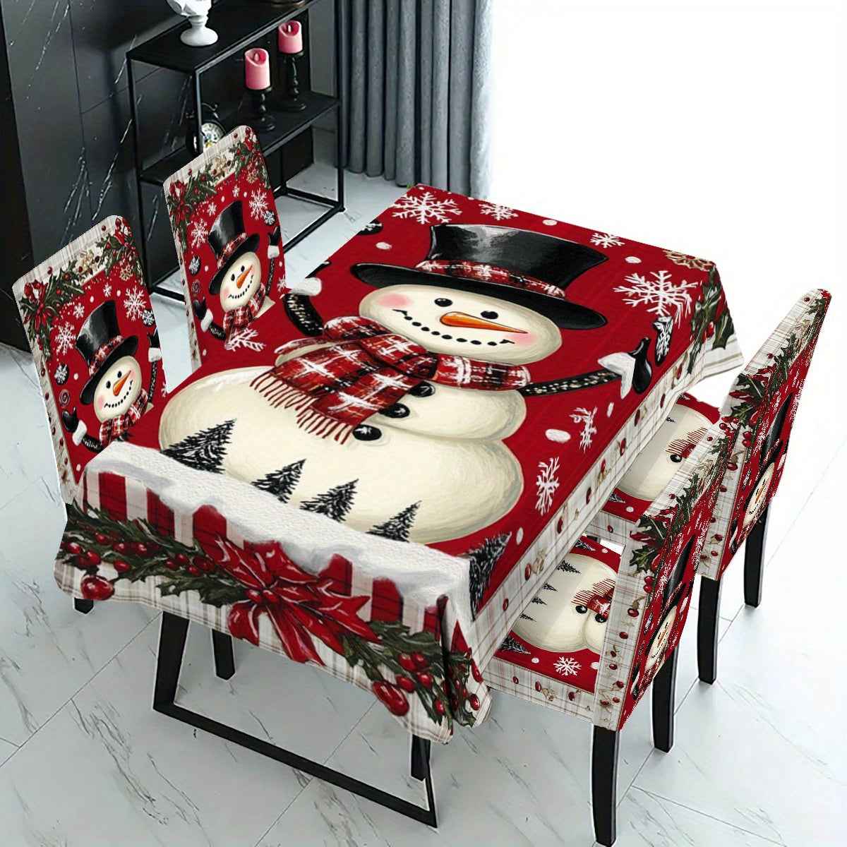 , 5/7pcs Christmas Snowman Snowflake Element Rectangular Tablecloth + Chair Cover Set, All-Polyester Peach Skin Fabric Tablecloth, Removable Chair Cover, Suitable for Family Restaurant, Living Room, Kitchen, Home, Hotel Daily