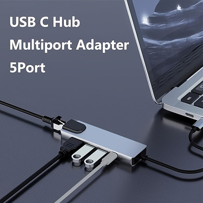 Hub adaptateur USB-C vers TVHD 5 en 1 avec port Ethernet, 4 ports USB et connecteur Type-C