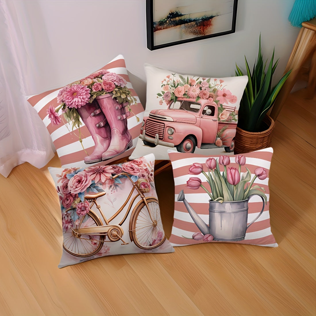 Lot de 4 taies d'oreiller en velours peau de pêche, motif aquarelle rose - Topdecheztop.fr