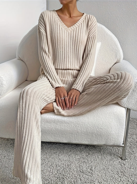 Ensemble pantalon décontracté côtelé uni, haut à manches longues et col en V