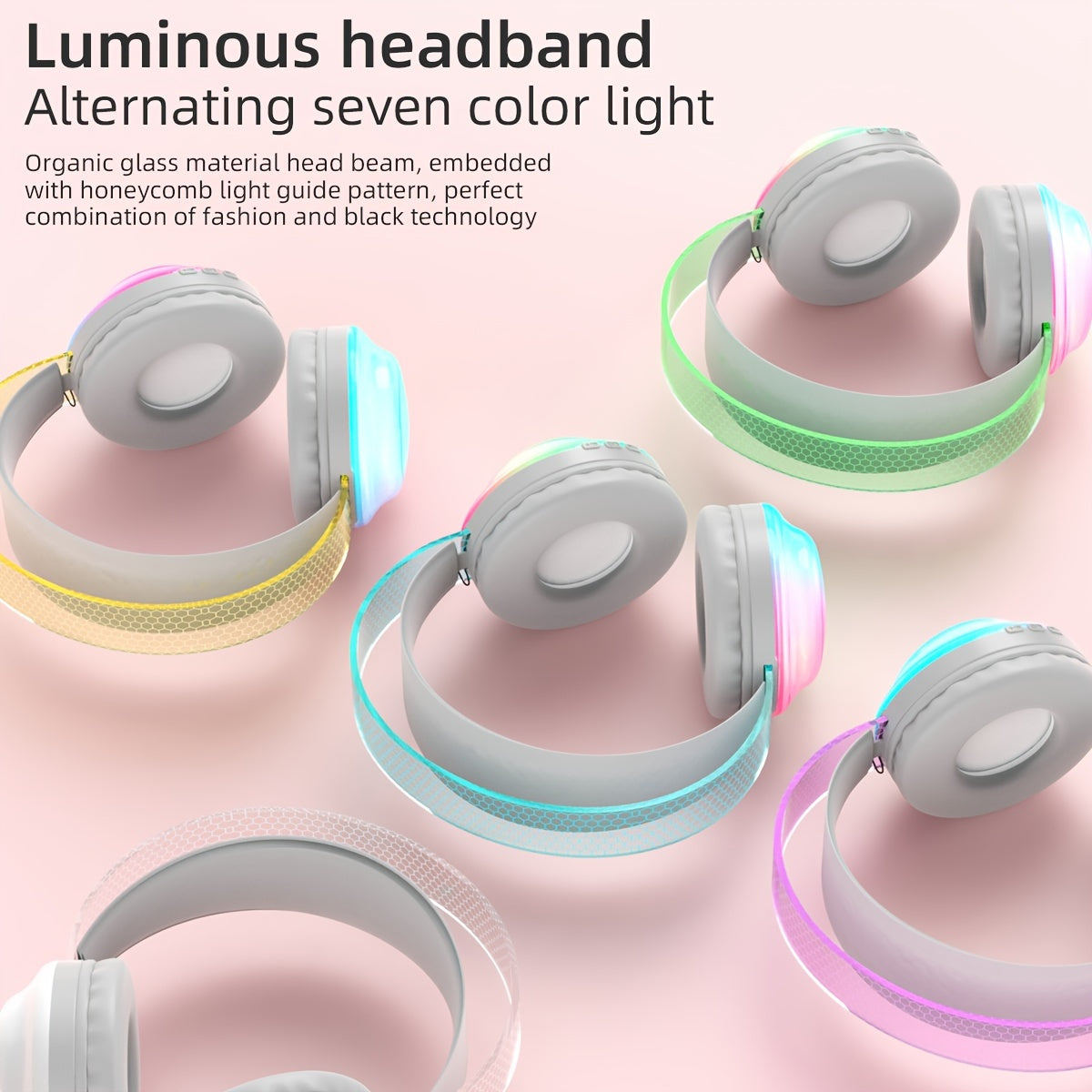 Casque sans fil léger 5.3 + EDR, casque circum-aural sans fil avec micro et lumières