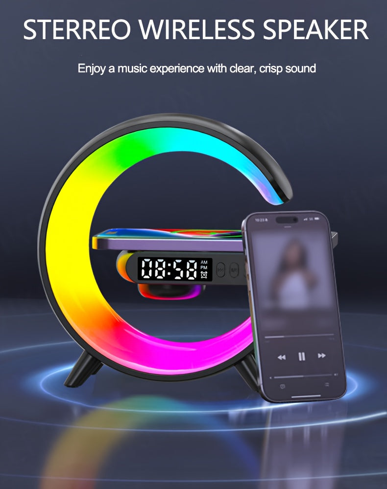 MINI Enceinte sans fil RGB multifonctionnelle, chargeur sans fil, support, radio-réveil FM