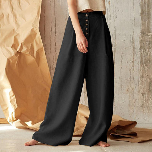 Pantalons pour femme, taille haute, décontractés, boutons, jambes larges, en coton - Topdecheztop.fr