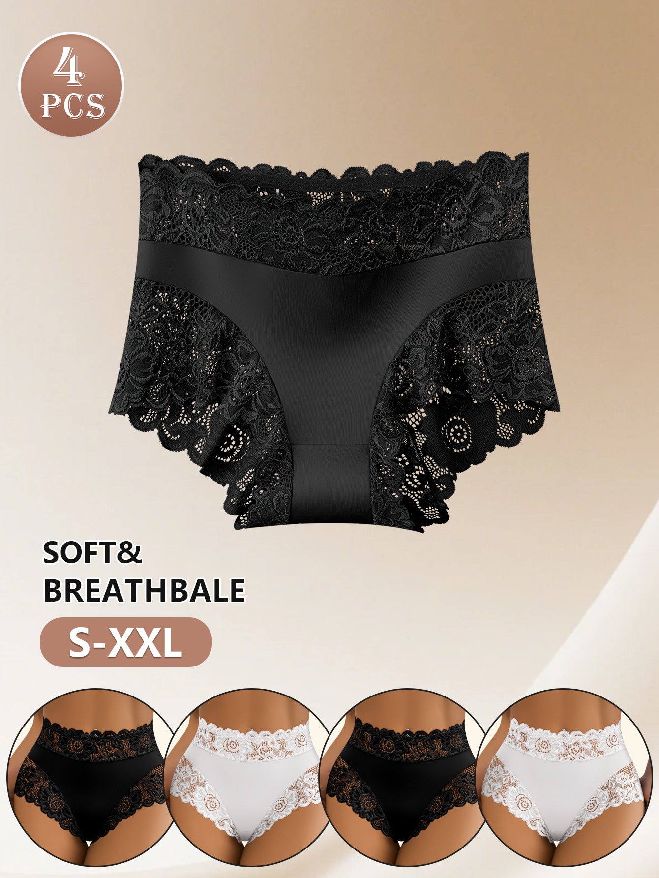 Lot de 4 Culottes Femme Mi-Haute en Dentelle - Confort & Style
