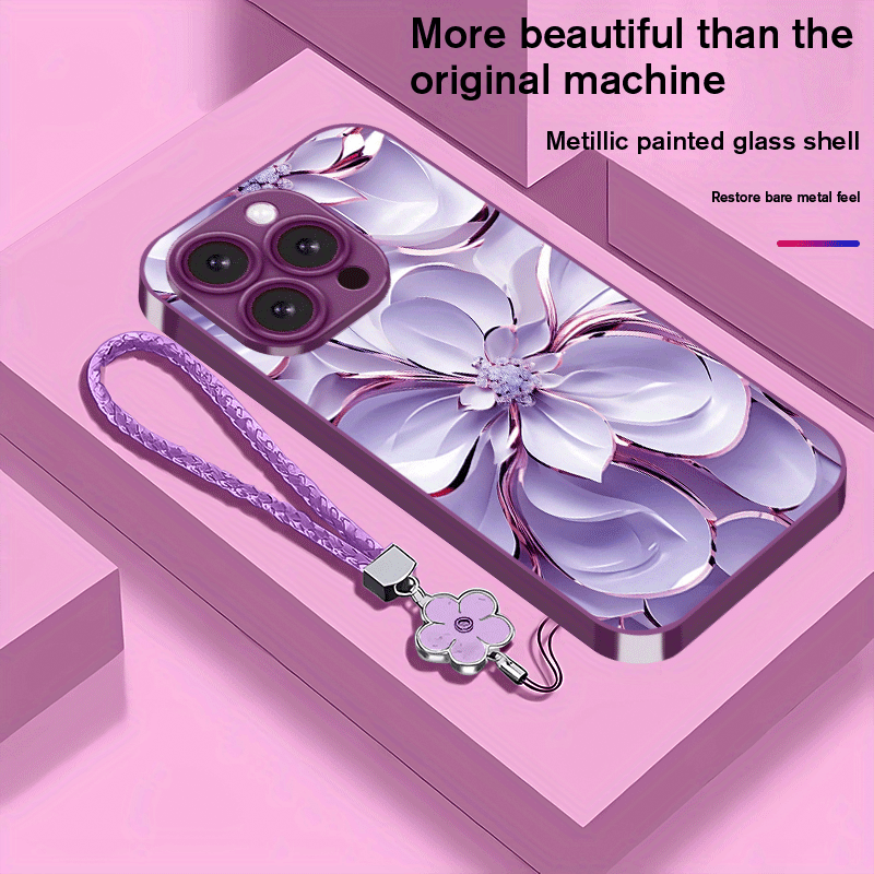 Coque de téléphone en verre plaqué avec motif floral et lanière,IPHONE - Topdecheztop.fr