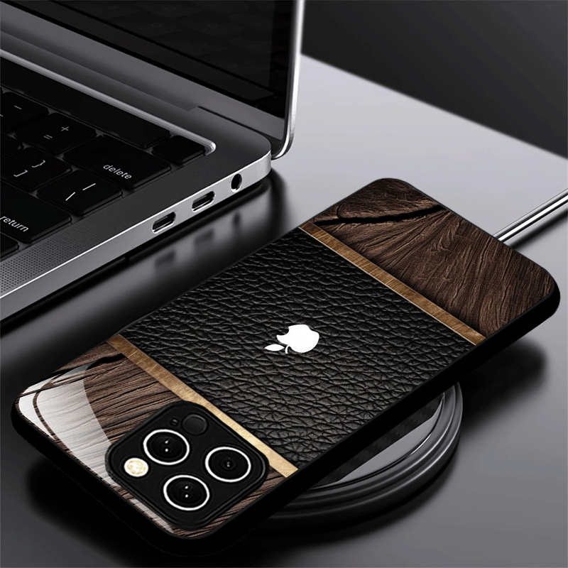 Étui en bois, cuir et verre blanc avec logo Apple pour iPhone
