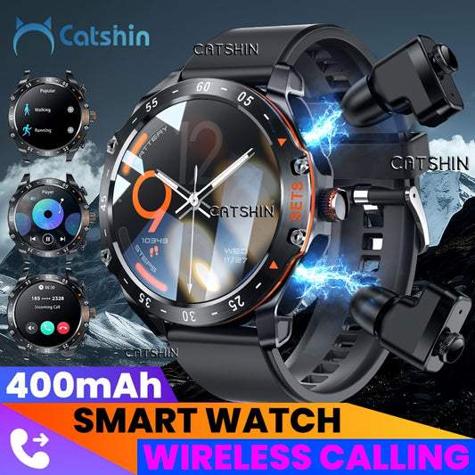 Montre connectée Catshin 2-en-1 avec écouteurs sans fil, grand écran IPS HD de 3,86 cm, appels sans fil