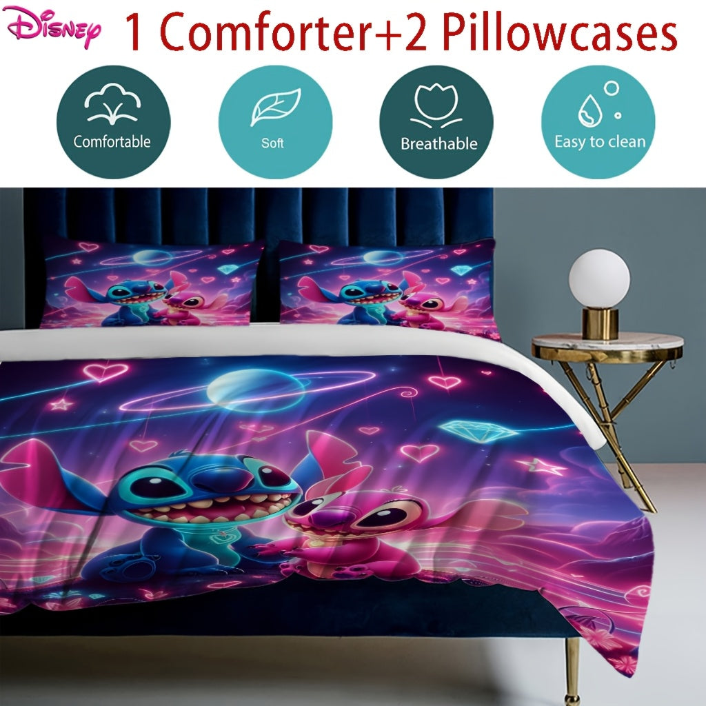 Stitch 3pcs Bedding Set, Cartoon Character Design, Soft Polyester 100, All-Season, Zipper Closure, Machine Washable, Digital Print, 90gsm - Includes Duvet Cover & 2 Pillowcases, Anime Theme Bedroom Decor, Valentine'S Day Gift - Topdecheztop.fr