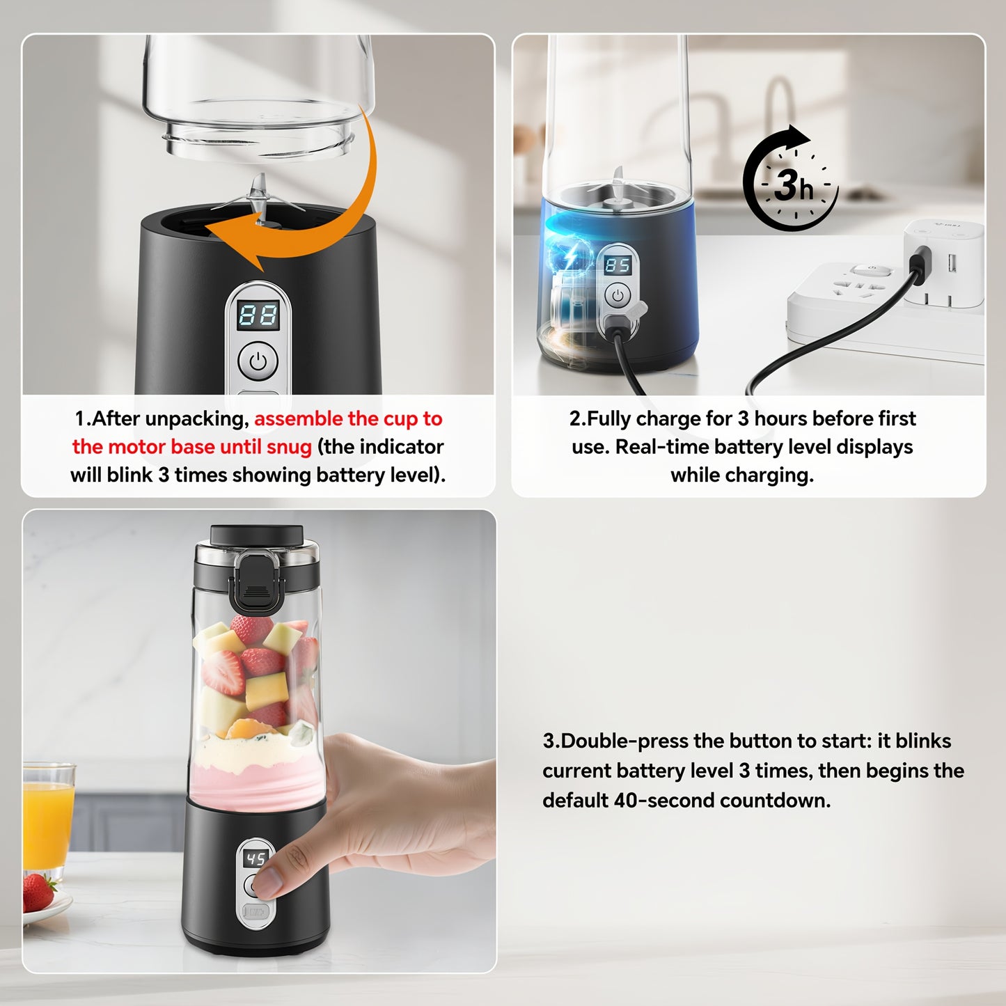 LALAYUAN USB-Powered Portable Blender & Juicer with Digital Timer, High-Speed Ice Crushing, One-Tap Lid, 1300mAh Battery, 6-Blade Stainless Steel, USB-C Charging, Compact Blender for Smoothies, Protein Shakes, Gym, Travel, Of - Topdecheztop.fr