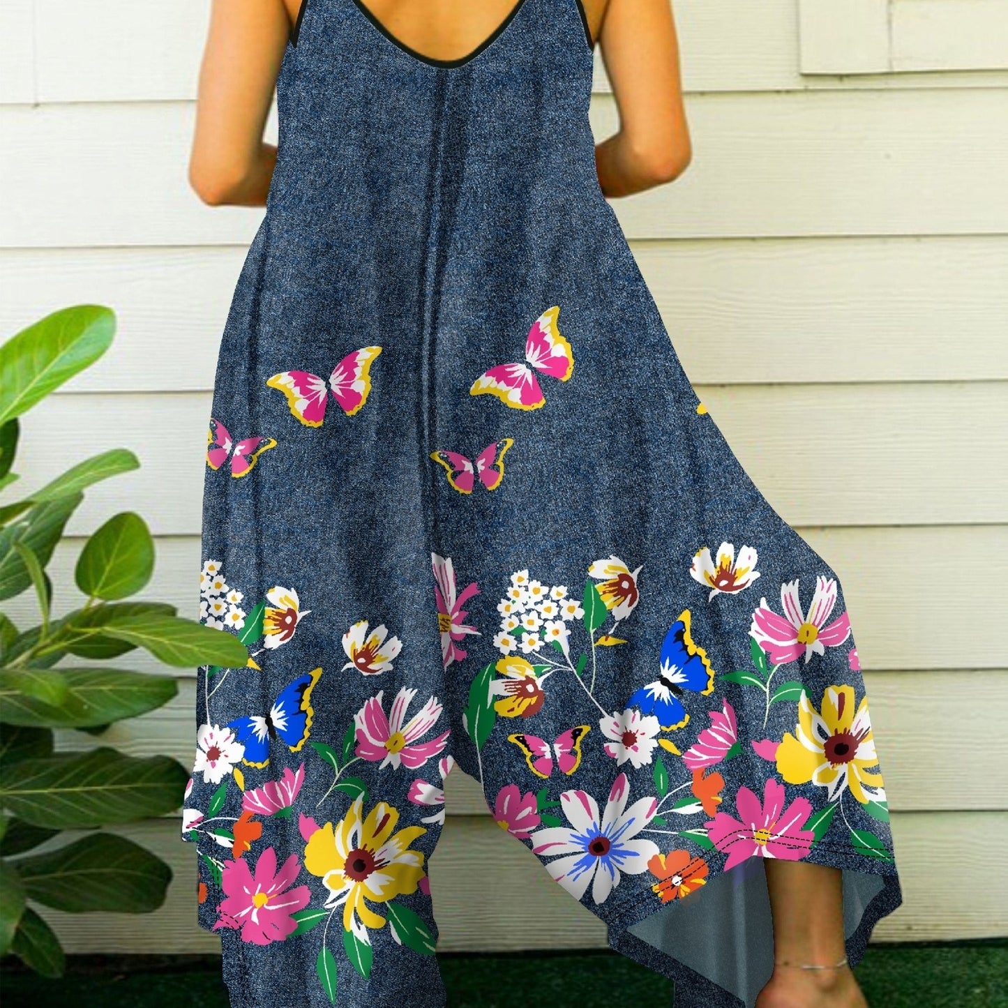 Combinaison grande taille à bretelles, style décontracté, imprimé papillons