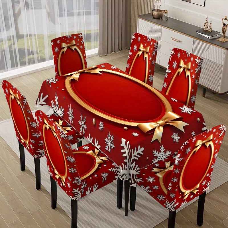 Tablecloth and chair set, 5pcs/7pcs, includes four chair covers and one tablecloth (7pcs) or six chair covers and one tablecloth, high-end design with simple style, Golden round border, snowflake and bow pattern decoration, s