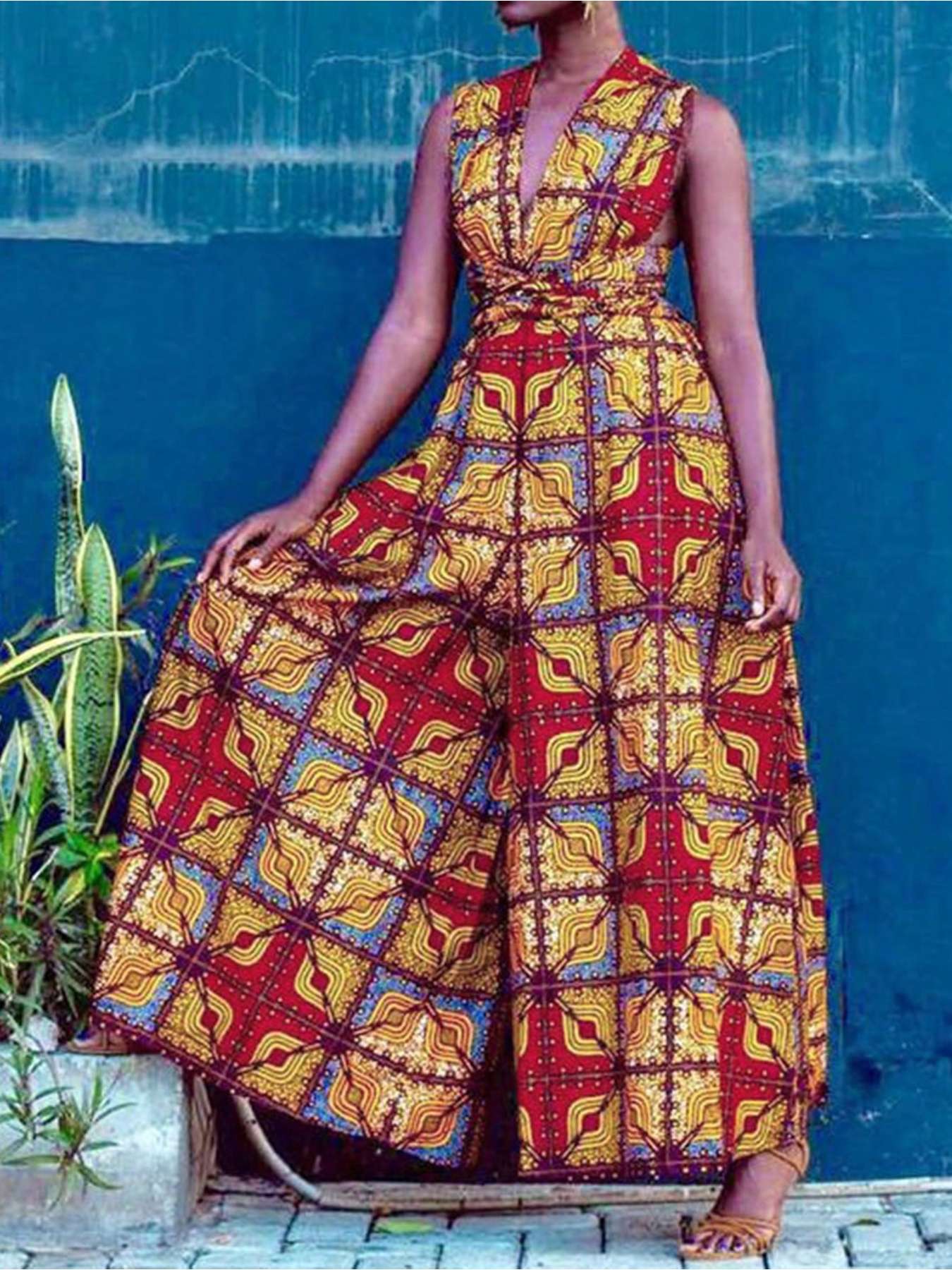 Combinaison imprimée numérique à col en V