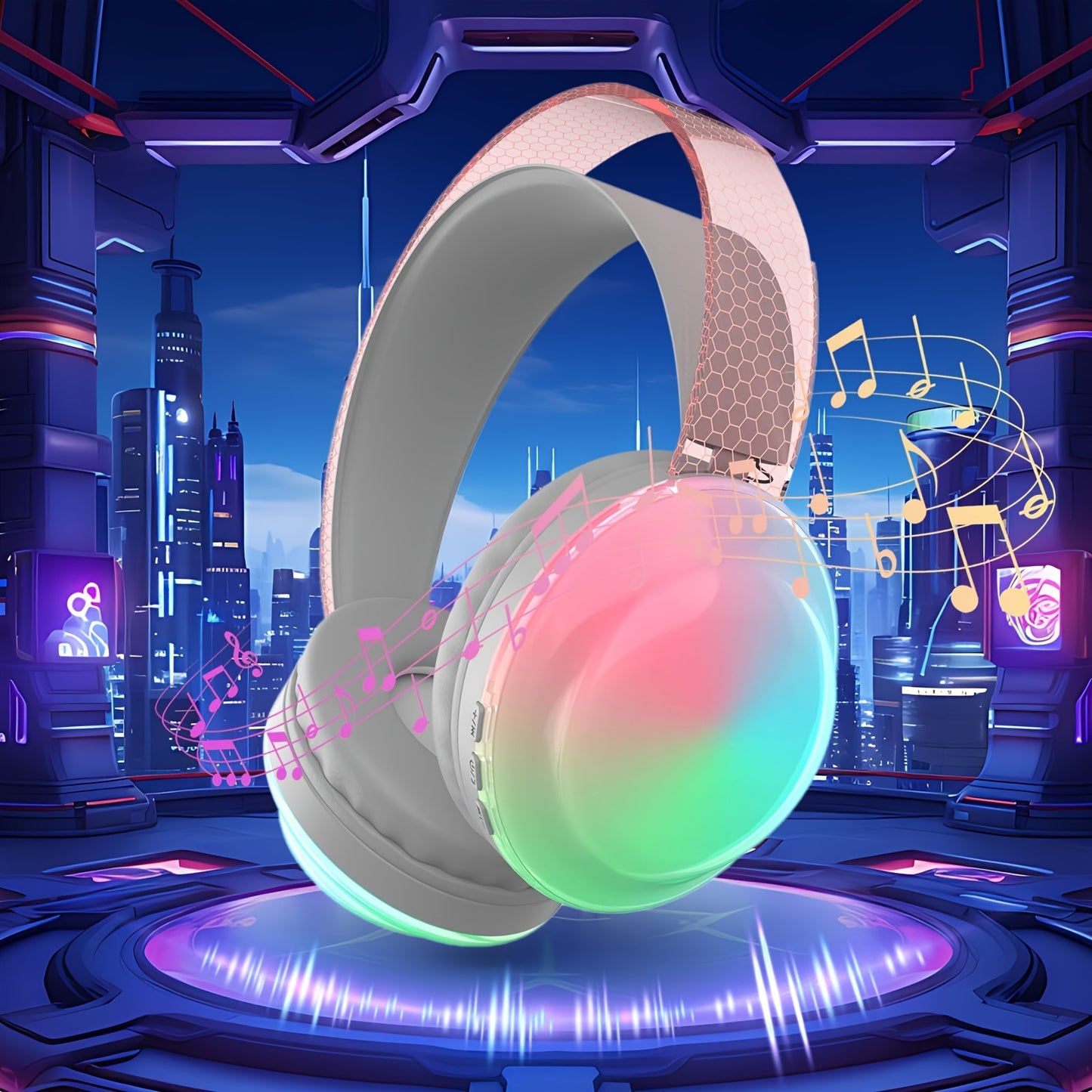 Casque sans fil léger 5.3 + EDR, casque circum-aural sans fil avec micro et lumières