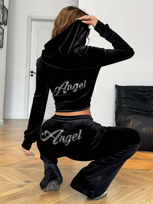 Ensemble décontracté printemps/été pour femme : haut à capuche zippé noir orné de strass et pantalon à poches.