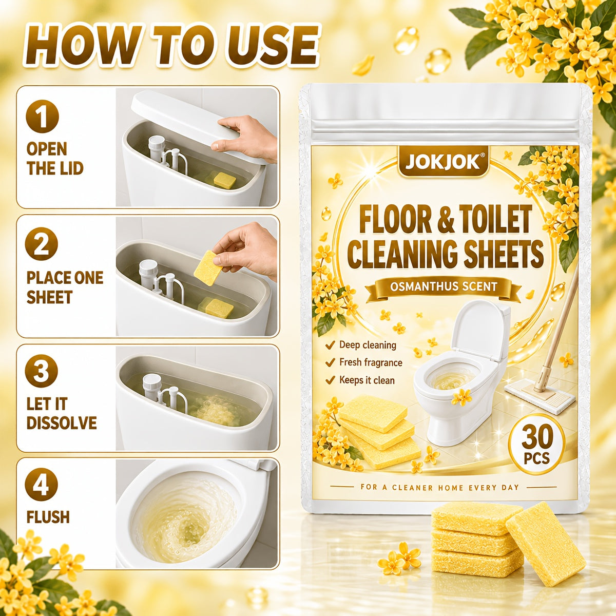 JOKJOK Feuilles de Nettoyage Premium pour Sol et Toilettes 30 pièces, Pastilles de Nettoyage Effaçables Parfumées à l'Osmanthus, Une Feuille par Seau d'Eau, Éliminent les Taches et les Odeurs, Feuilles de Nettoyage Multi-Surfaces pour Carrelage, Parquet, Salle de Bain