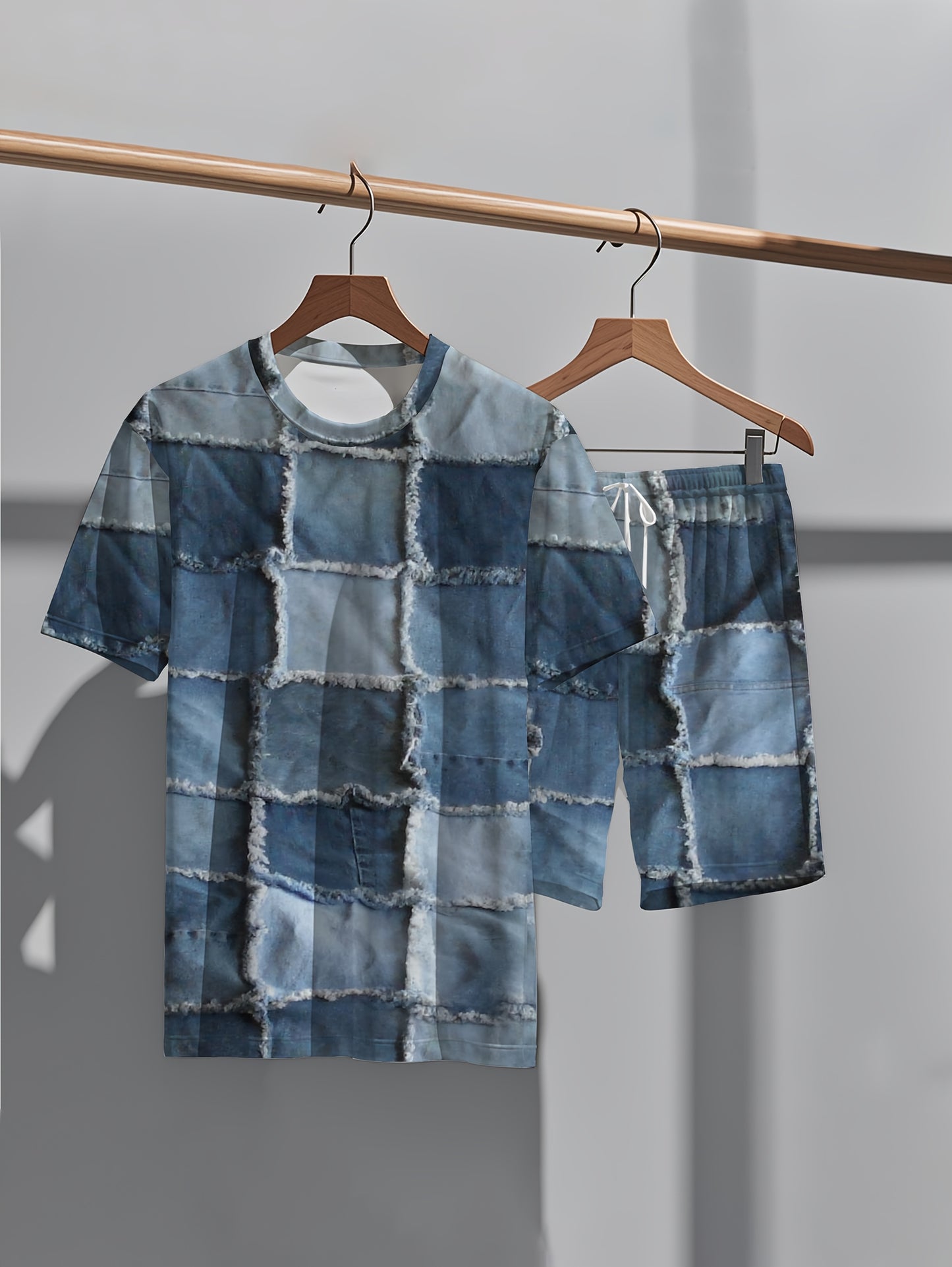 Ensemble t-shirt et short en denim patchwork, motif unique - Topdecheztop.fr
