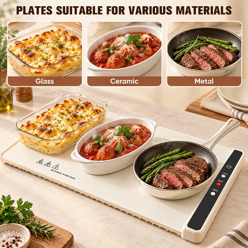 Plaque Chauffante Alimentaire, Chauffage Rapide, 3 Niveaux de Réglage, avec Minuteur et Écran LED, Pliable pour le Rangement, Plateau Chauffant Électrique, Coussin de Conservation des Aliments, Essentiel pour la Cuisine, Idéal pour les Réunions de Famille, les Fêtes et comme Cadeaux de Fêtes