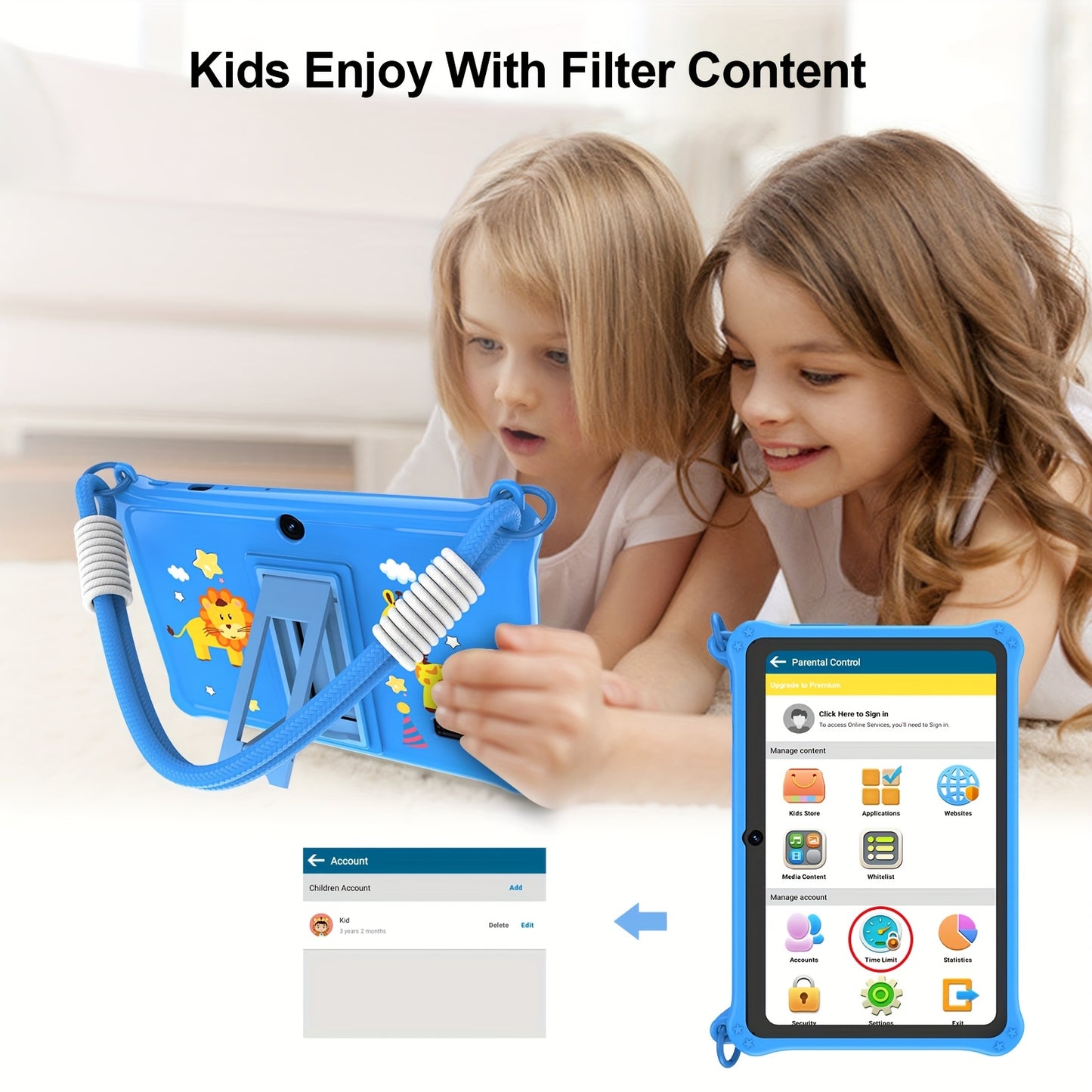 Tablette Android 13 pour enfants, 7 pouces, avec étui de protection
