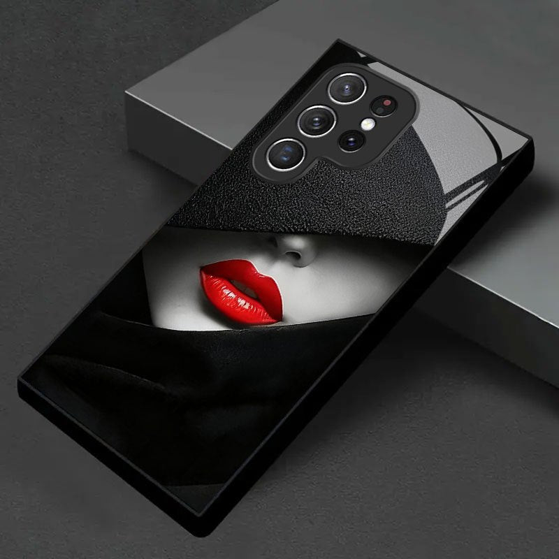 Coque de téléphone noire à motif lèvres rouges , compatible avec Samsung