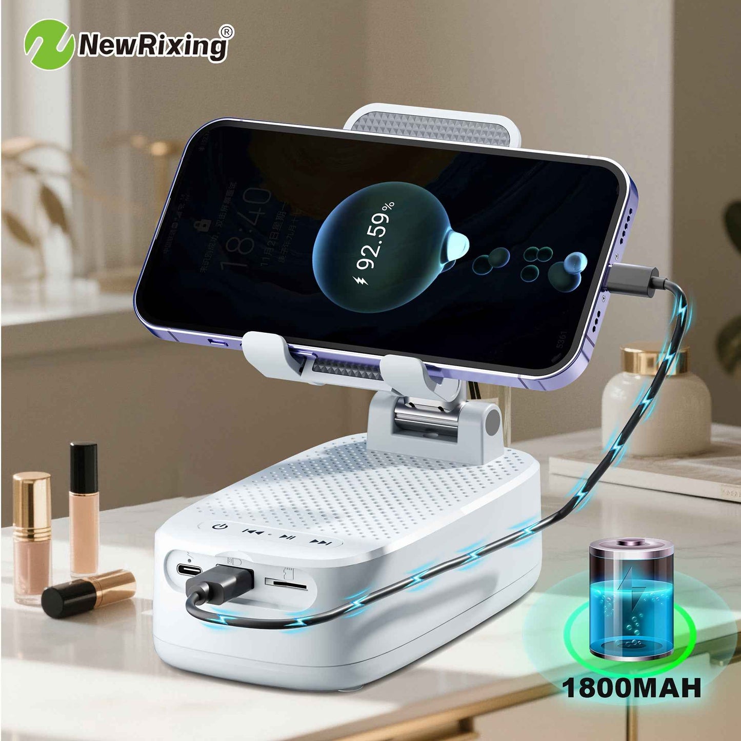 NewRixing 6W Wireless Speaker with Phone Holder, TWS Dual Pairing, 1800mAh Battery, Hands-Free Call Function, Power Bank, 6-Hour Playtime, Hi-Fi Sound Quality, Loud Stereo & Deep Bass, USB-C Charging, Indoor/Outdoor Use | Adj