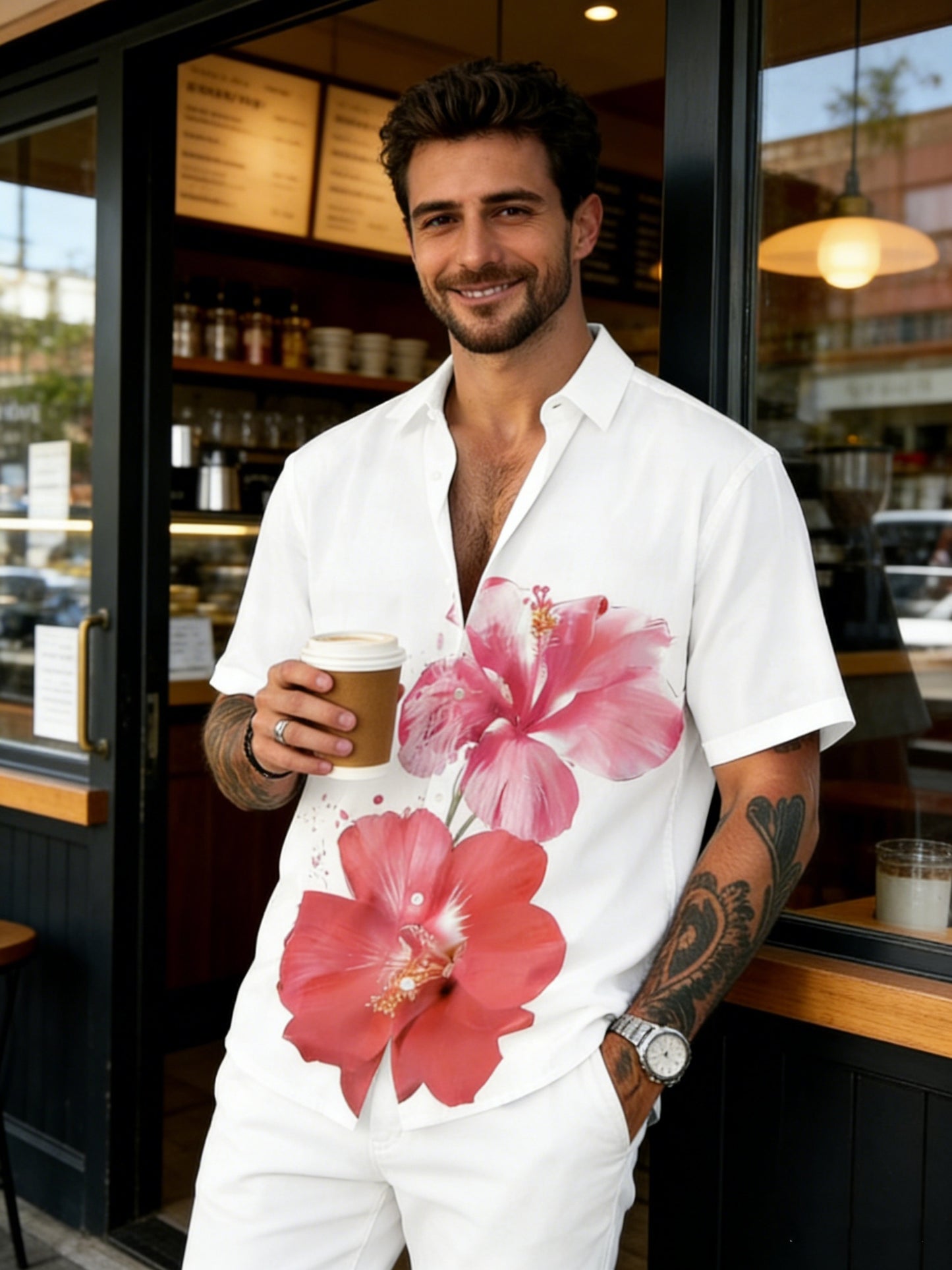 Chemise blanche à manches courtes pour homme, imprimée de fleurs d'hibiscus