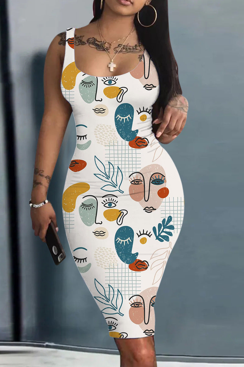 Robe ample à imprimé numérique pour femme, sans manches, col rond, coupe ajustée