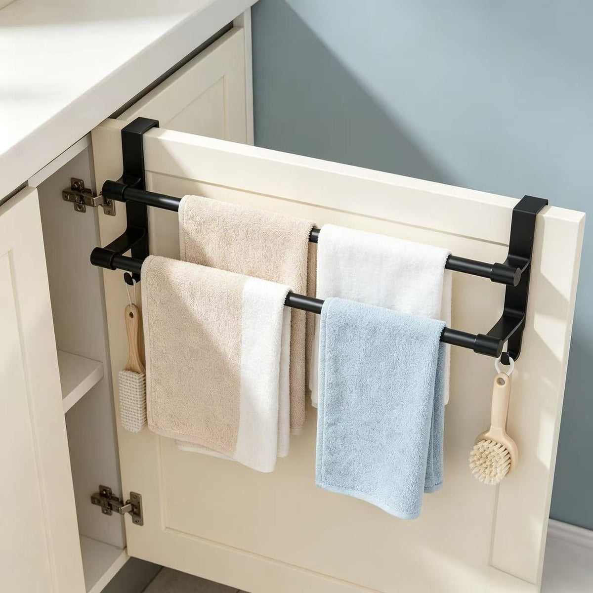 [2 tailles disponibles] 1 pc Porte-serviettes sur porte de meuble, barre double en acier inoxydable avec crochets latéraux, barre à serviettes de cuisine sans perçage, pour porte de meuble, organiser torchons, gants, outils de nettoyage, 2 tailles disponibles