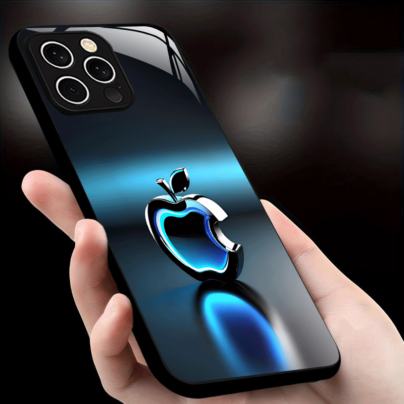 Coque en verre trempé avec logo Apple à effet lumineux bleu