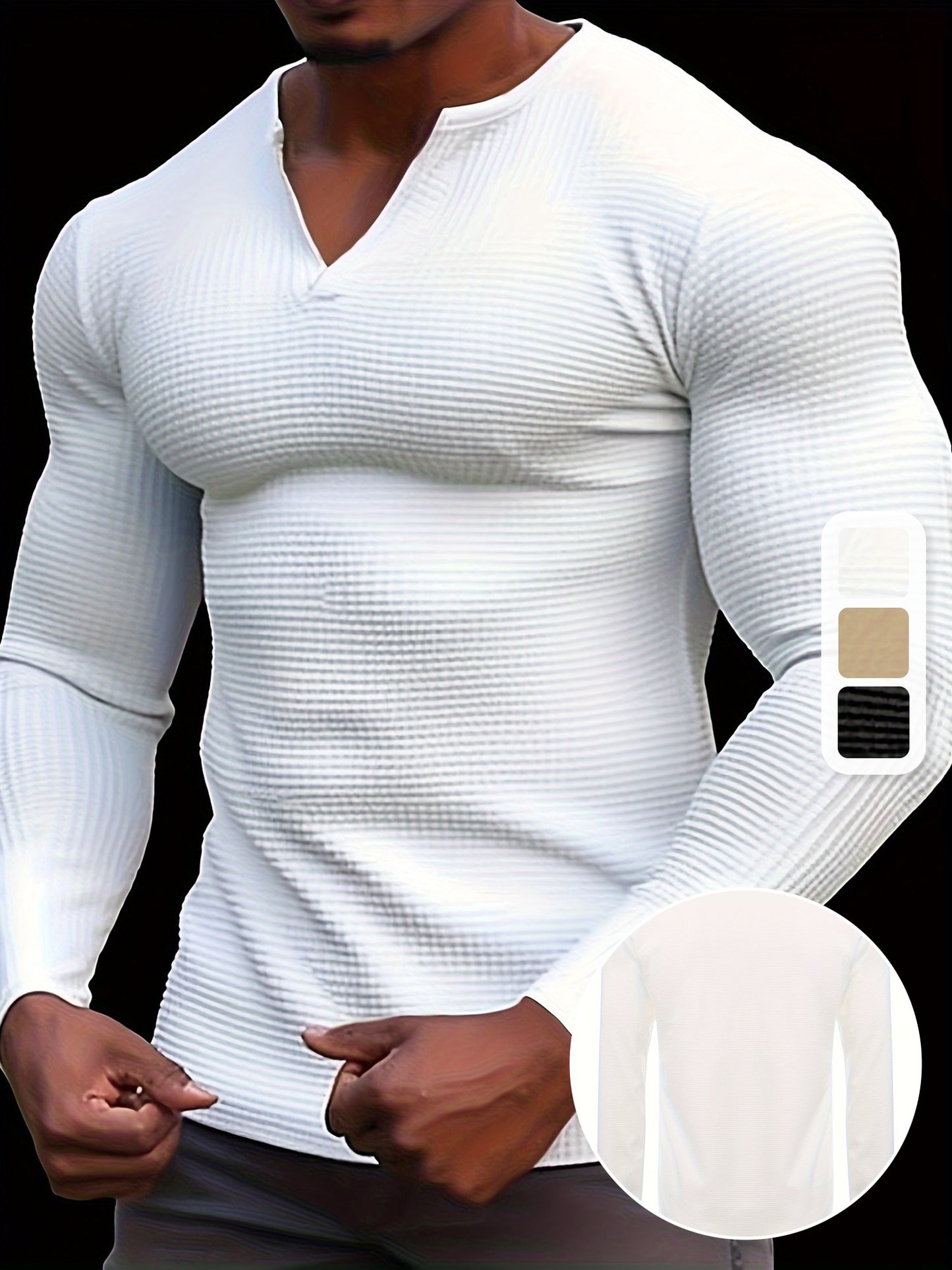 T-shirt  à manches longues et col en V gaufré pour homme