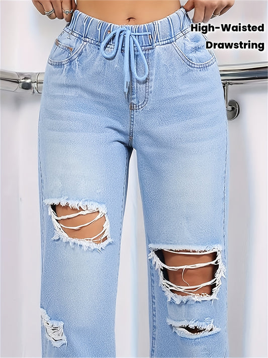 Jean en denim stretch taille haute pour femme avec cordon de serrage