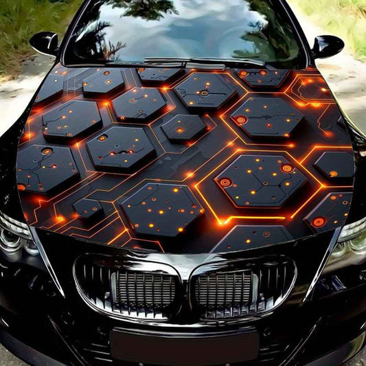 Hexagonal Matrix Stickers-Black with Orange Shining Lines And White Spots, PVC Vinyl Stickers for Car Hoods, SUVs, And Trucks-Fashionable Automotive Accessories Gifts for Vehicle Customization And Decoration, Car Decal Sticke