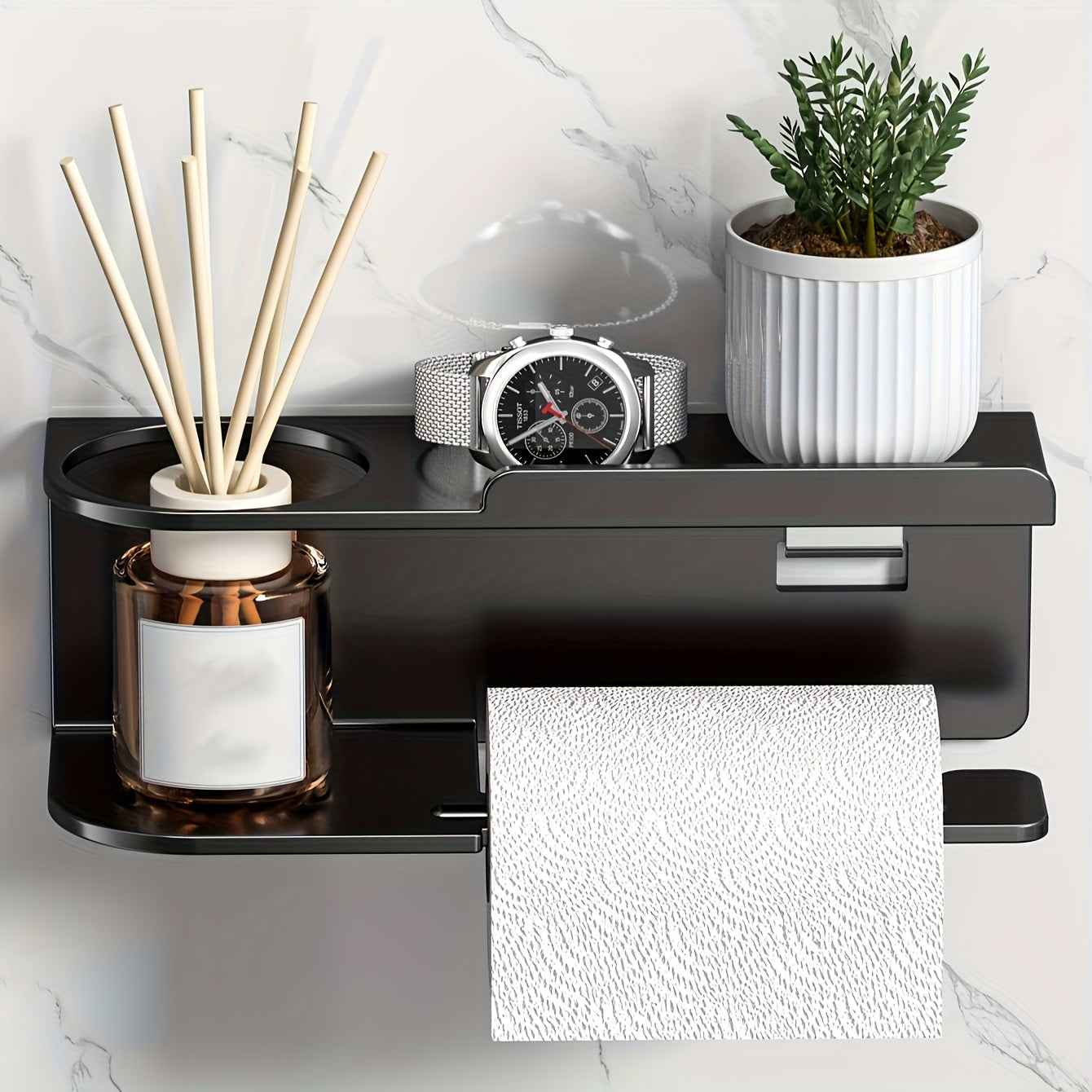 Wall-Mounted Tissue Holder with Bathroom Perfume Organizer - Stylish Black Multi-Functional Kitchen and Bath Storage, Space-Saving Design, Self-Adhesive Installation