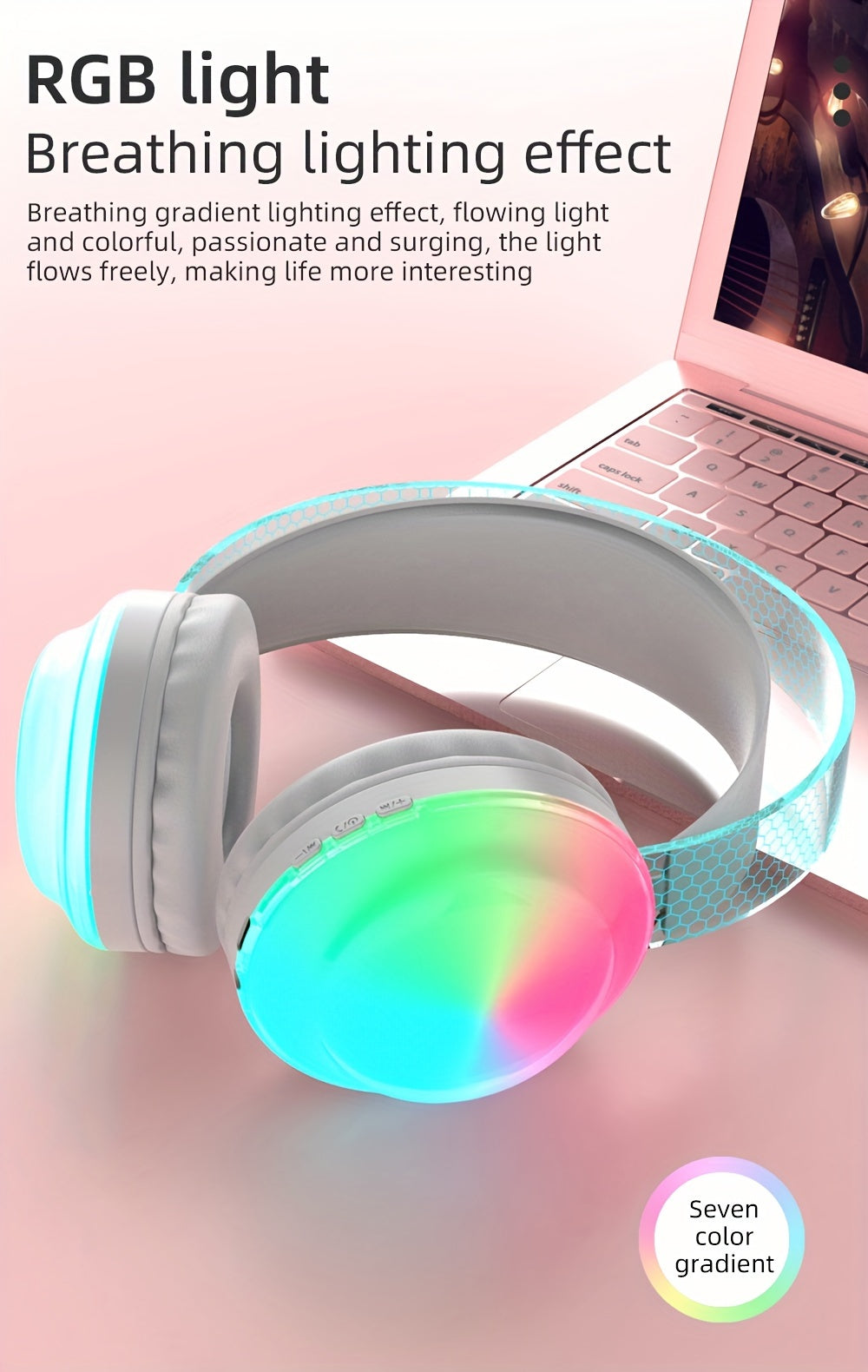 Casque sans fil léger 5.3 + EDR, casque circum-aural sans fil avec micro et lumières
