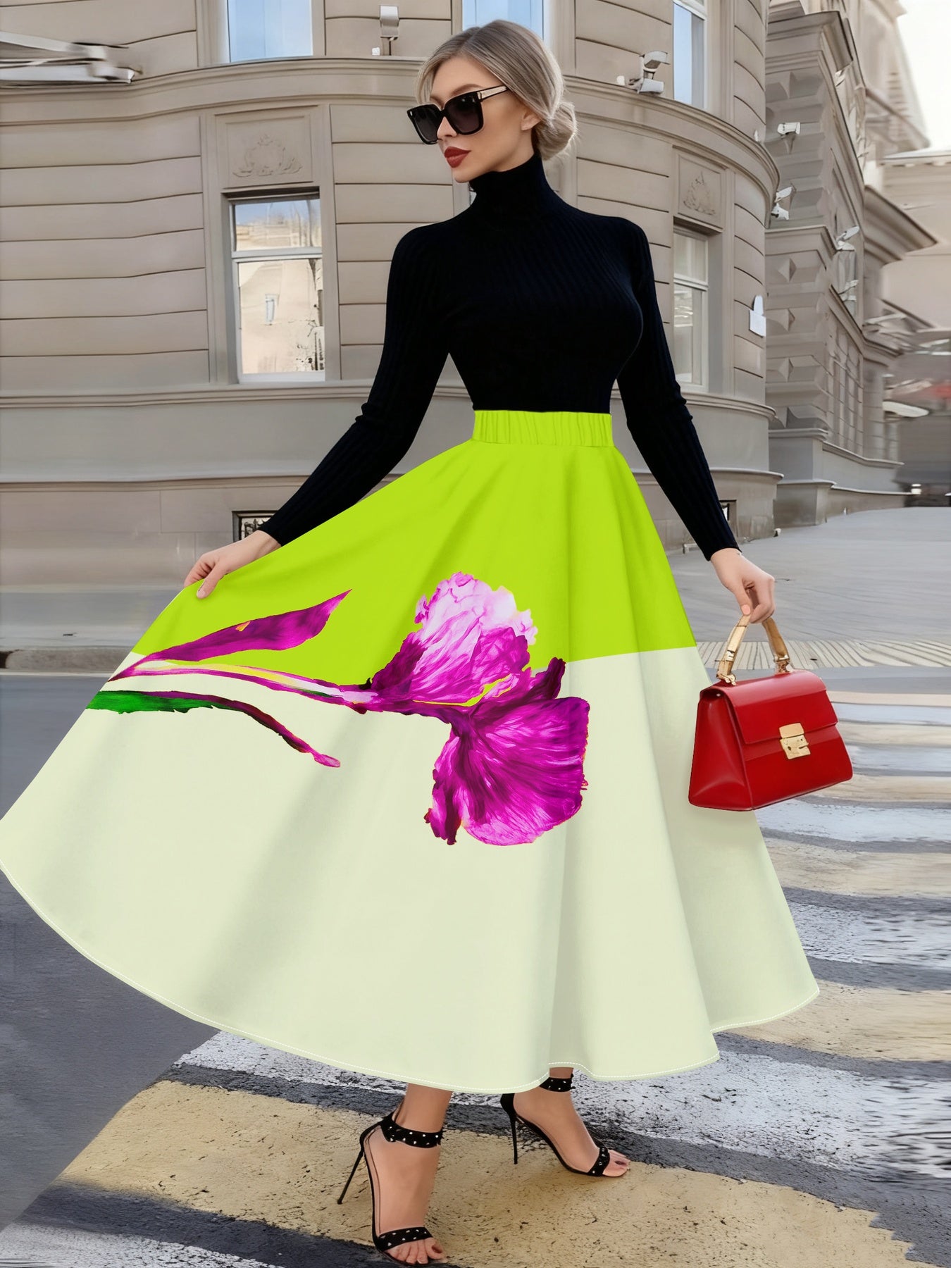 Jupe mi-longue élégante pour femme, imprimée de fleurs et d'orchidées roses