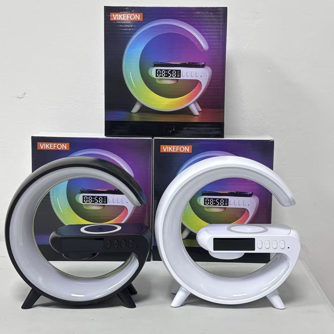 MINI Enceinte sans fil RGB multifonctionnelle, chargeur sans fil, support, radio-réveil FM