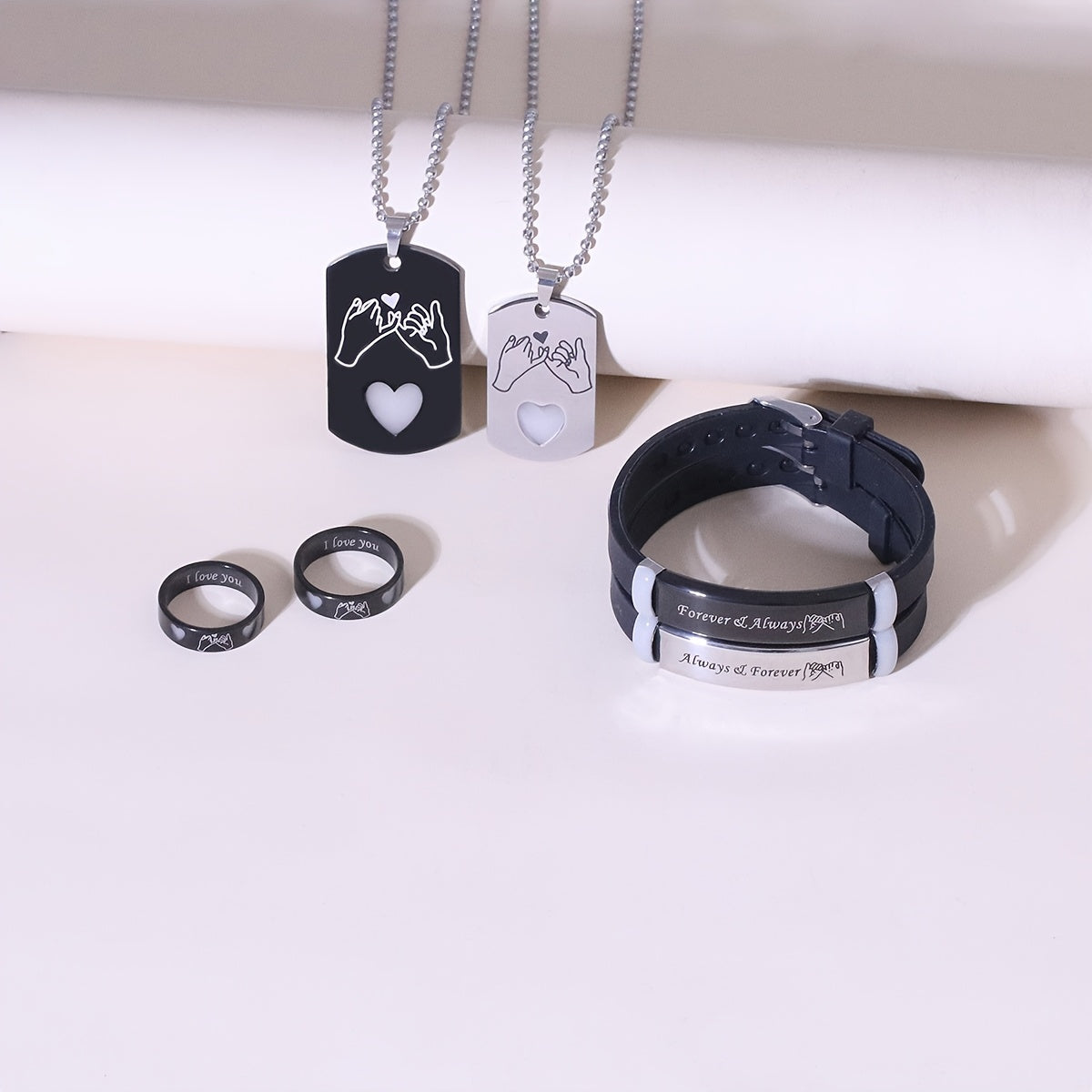 Ensemble de 6 PCS lumineux en forme de cœur, colliers, bracelets et bagues en acier inoxydable pour couples