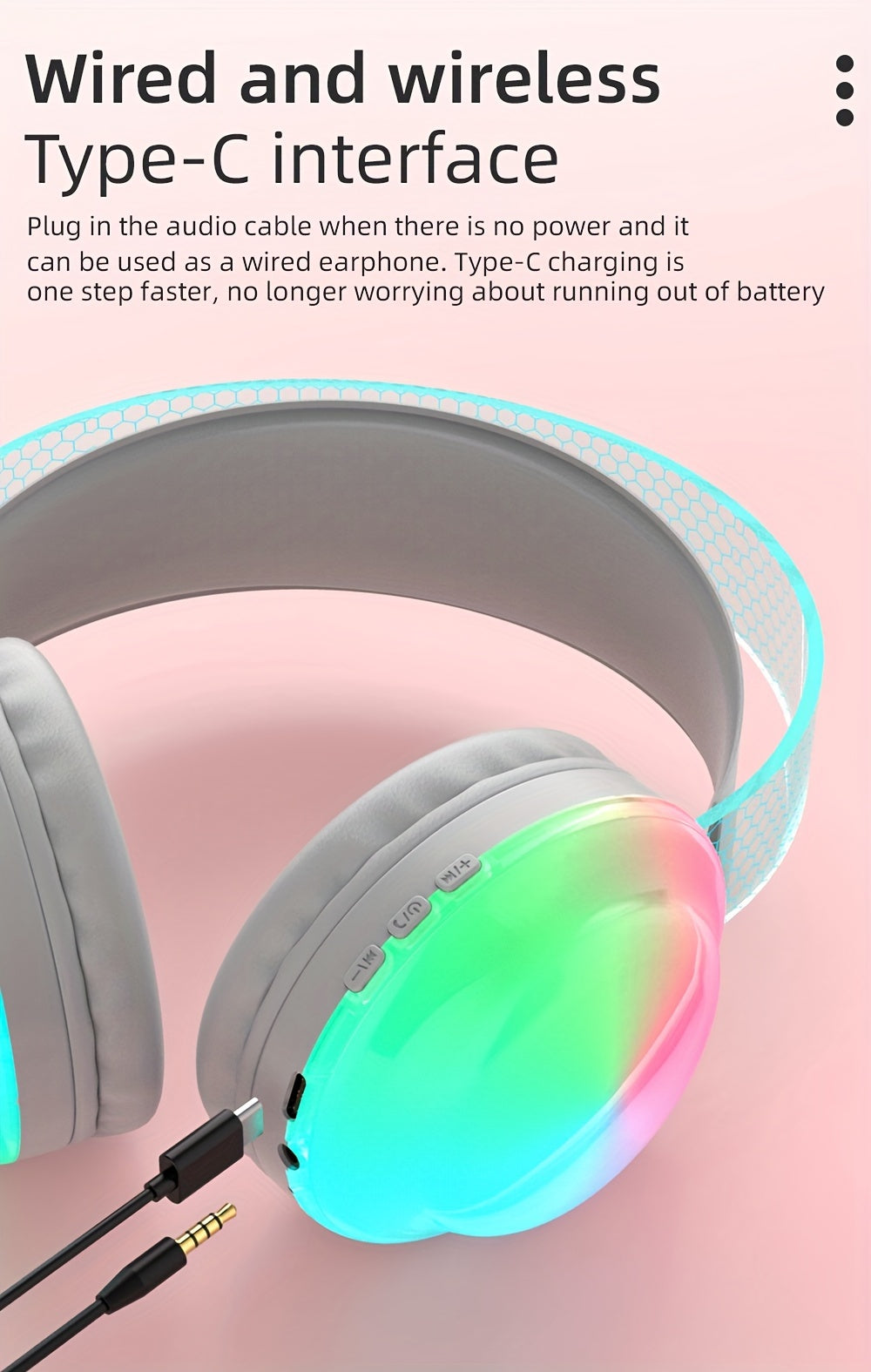 Casque sans fil léger 5.3 + EDR, casque circum-aural sans fil avec micro et lumières