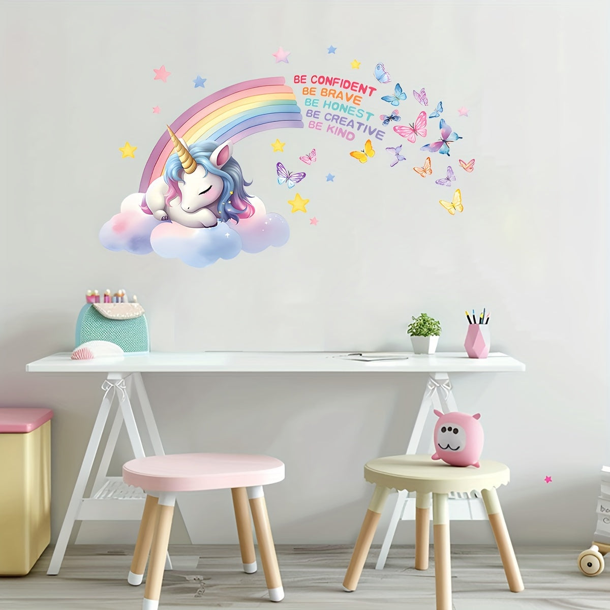 Boho-Chic Rainbow Unicorn Wall Decal - Inspirational Quotes, Removable PVC Sticker for Girls' Rooms, Living Spaces & Nursery Decor - Topdecheztop.fr
