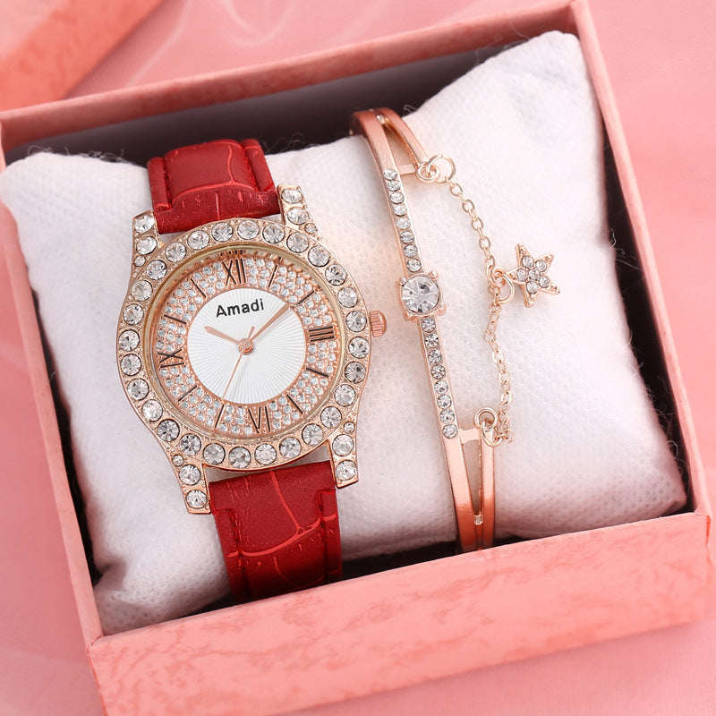 Montre,Bracelet en diamant pour femme, ensemble deux pièces ROUGE