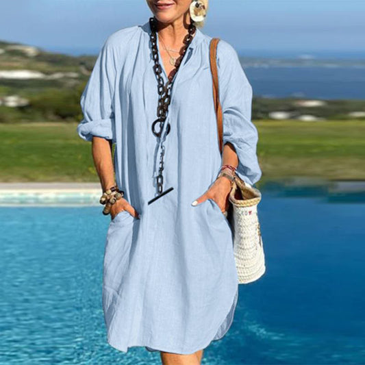 Robe en lin à manches longues et col en V pour femme, couleur unie - Topdecheztop.fr