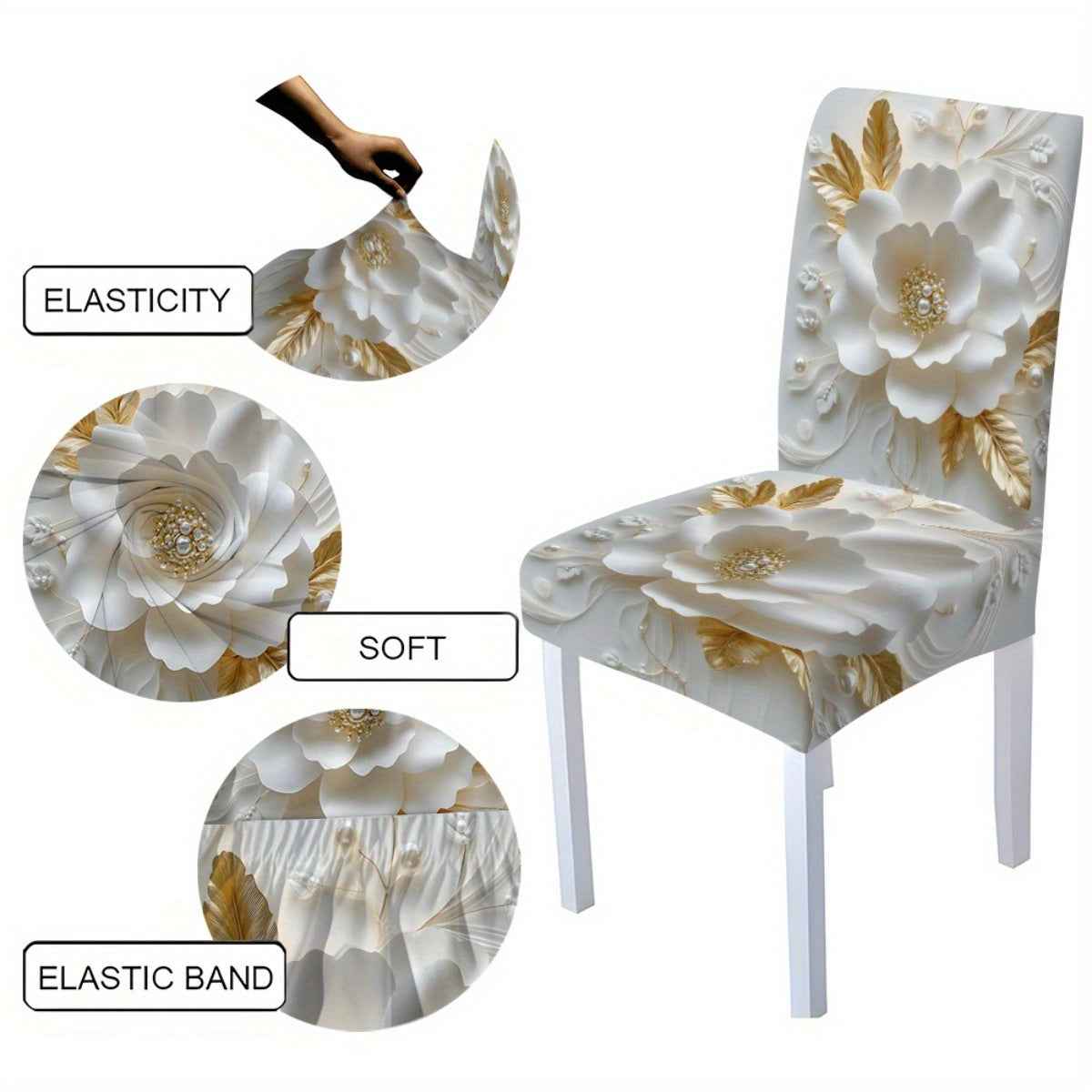 5pcs/7pcs white Golden flower pearl decoration tablecloth and chair cover set, 5pcs include 1 tablecloth and 4 chair covers, 7pcs include 1 tablecloth and 6 chair covers. Washable rectangular tablecloth and chair covers, suit