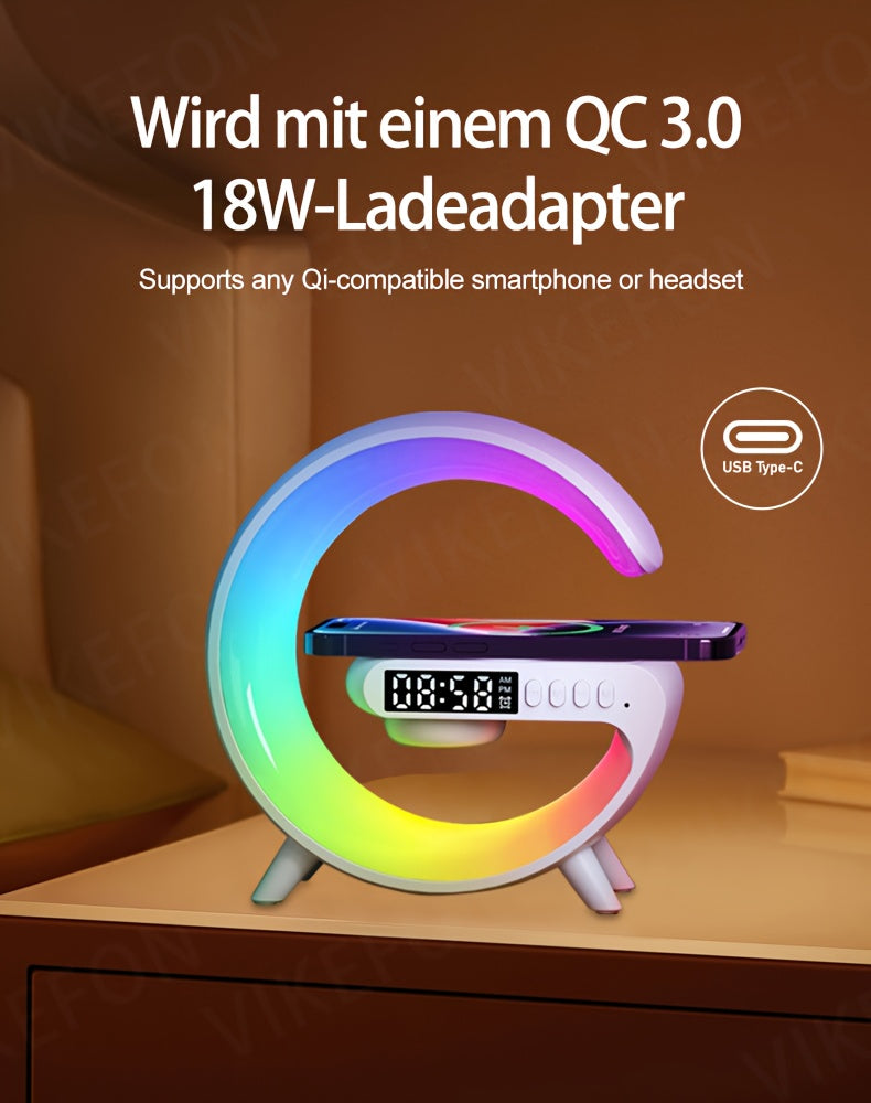 MINI Enceinte sans fil RGB multifonctionnelle, chargeur sans fil, support, radio-réveil FM