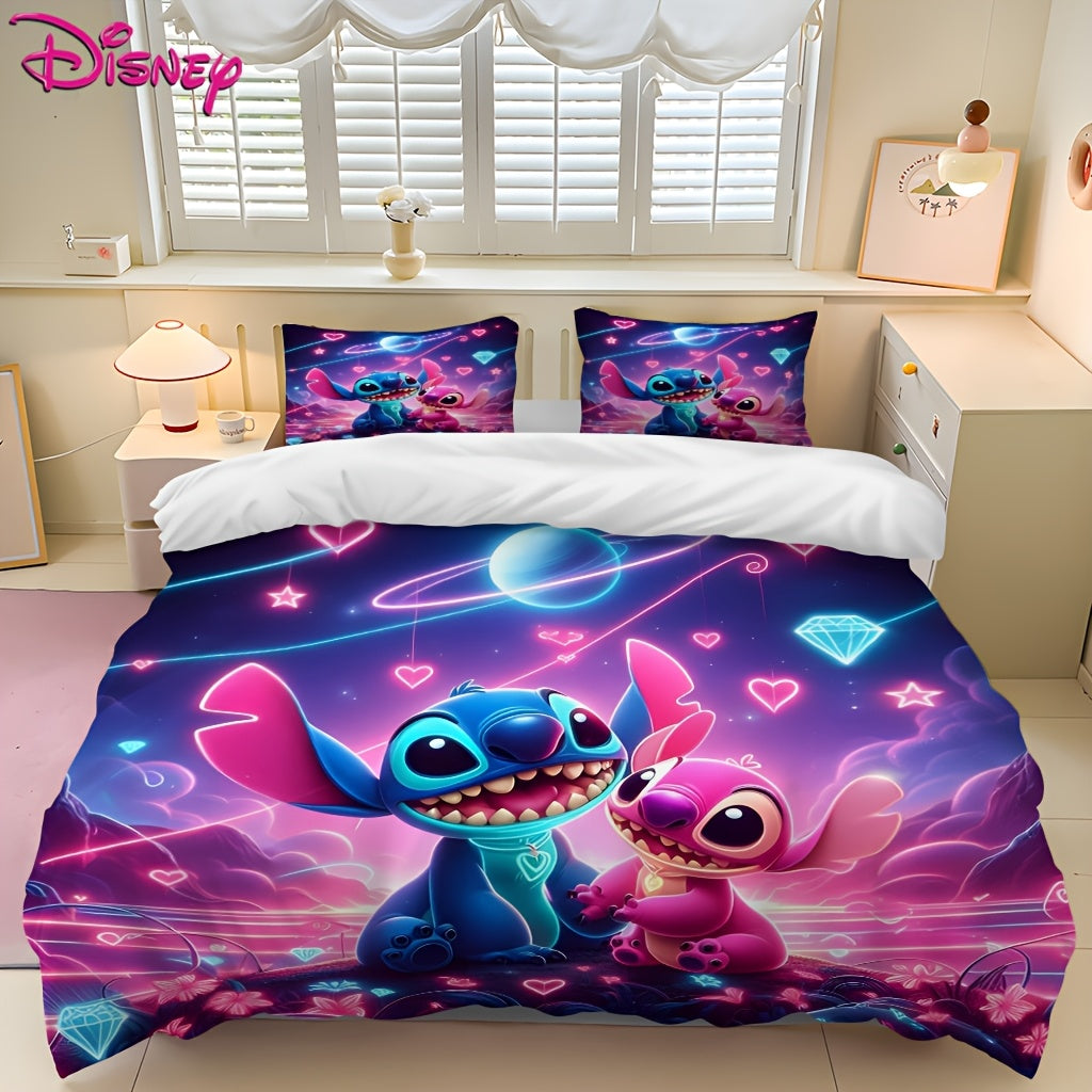 Stitch 3pcs Bedding Set, Cartoon Character Design, Soft Polyester 100, All-Season, Zipper Closure, Machine Washable, Digital Print, 90gsm - Includes Duvet Cover & 2 Pillowcases, Anime Theme Bedroom Decor, Valentine'S Day Gift - Topdecheztop.fr