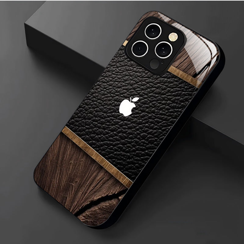 Étui en bois, cuir et verre blanc avec logo Apple pour iPhone