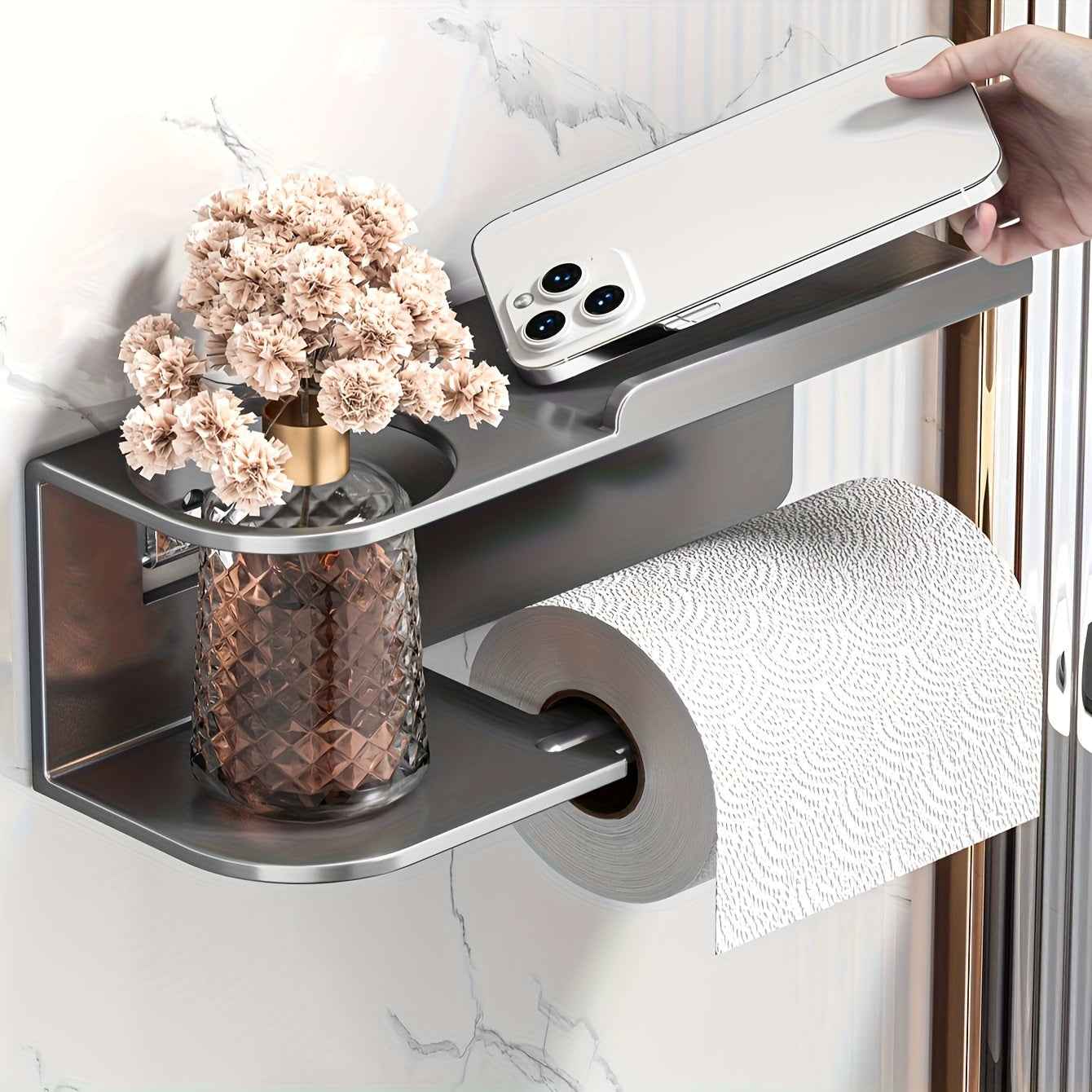 Wall-Mounted Tissue Holder with Bathroom Perfume Organizer - Stylish Black Multi-Functional Kitchen and Bath Storage, Space-Saving Design, Self-Adhesive Installation