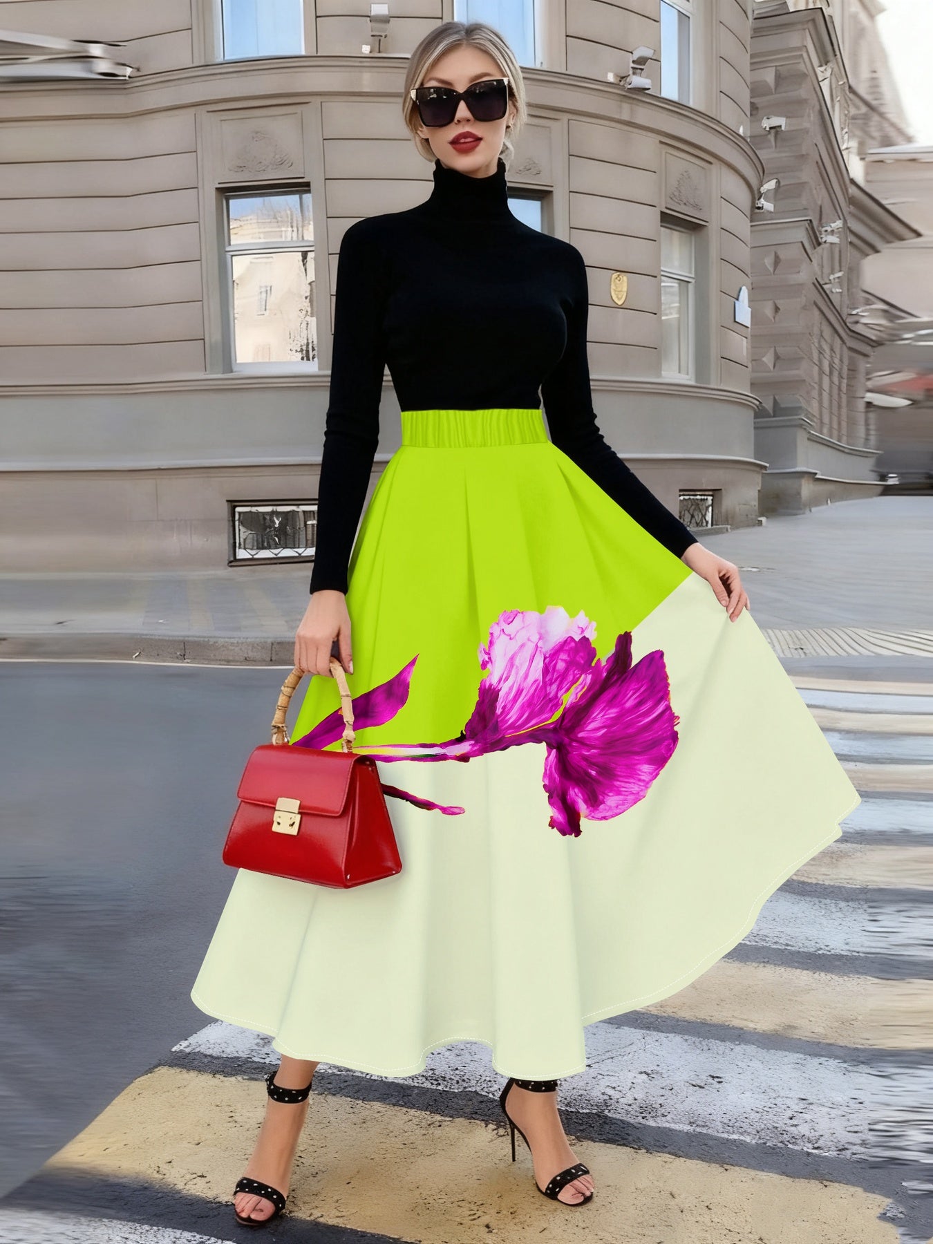 Jupe mi-longue élégante pour femme, imprimée de fleurs et d'orchidées roses