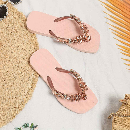 Women's Sparkling Rhinestone Flip-Flops - Slip-On Open-Toe Soft Pink PVC Sandals with Non-Slip Rubber Sole for Beach, Vacation & Casual Wear, Casual Slippers | Chic Flipflops | Glittery Straps, Beach Shoes